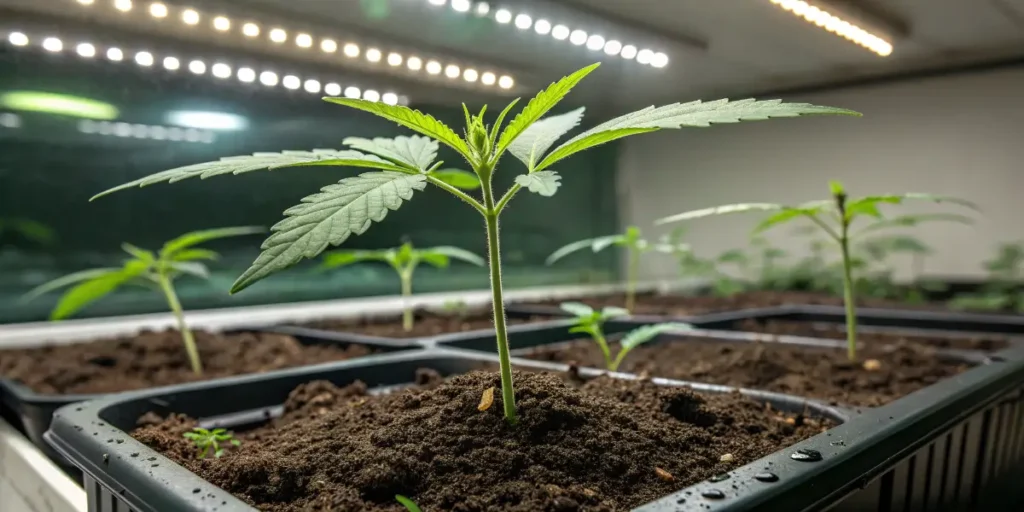 Young Cinderella Auto seedling growing in soil tray under LED lights with fresh green leaves.