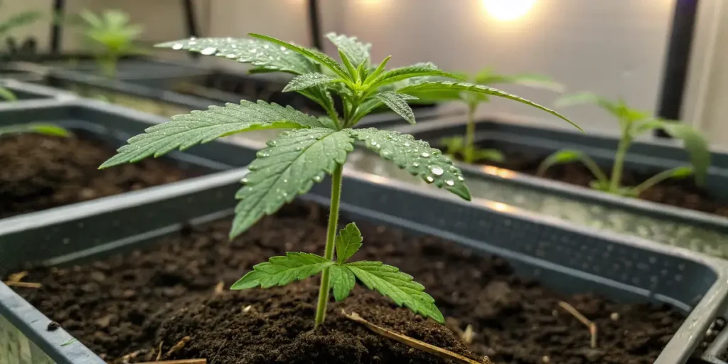 Cinderella Auto seedling with water droplets on leaves growing in soil under grow lights.