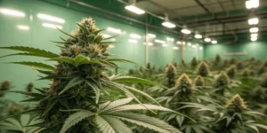 Cindy 99 cannabis plants flowering indoors with large resinous buds under artificial lights.