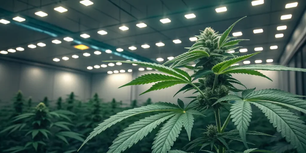 Cindy 99 cannabis plant developing strong leaves and buds under bright grow lights.