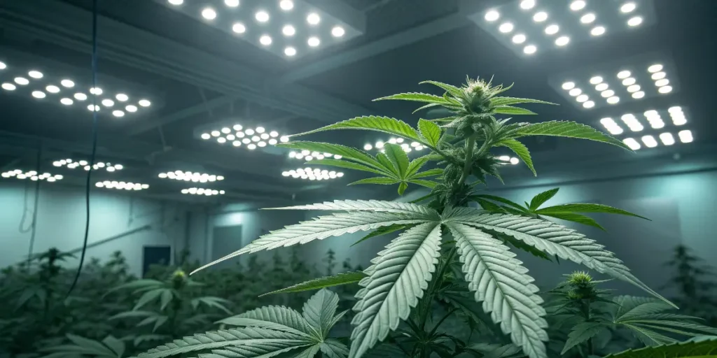 Cindy 99 cannabis plant growing tall under LED lights in an indoor cultivation room.