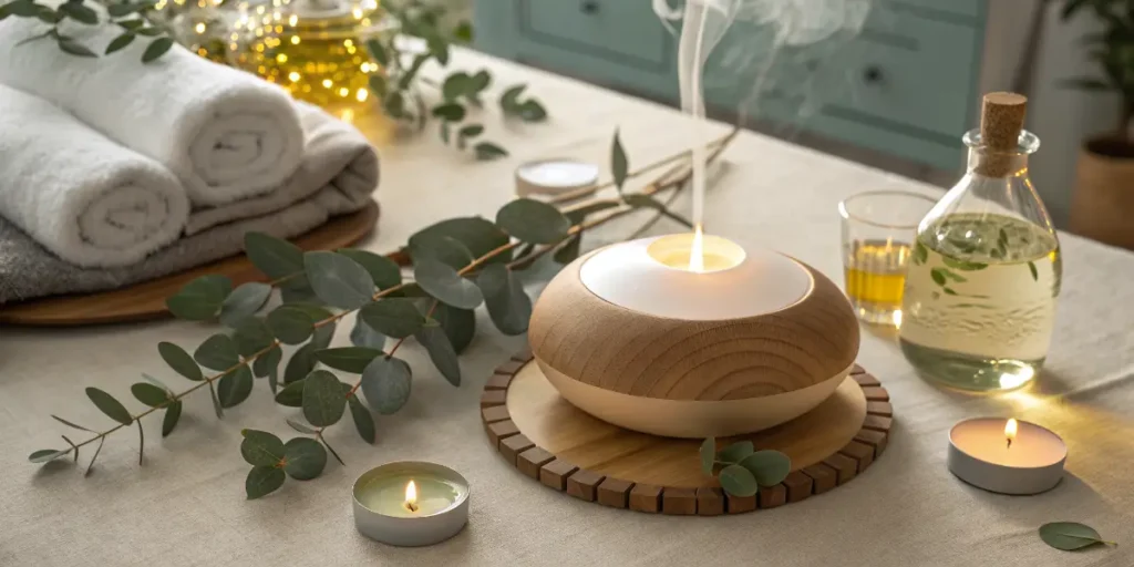 Aromatherapy diffuser with eucalyptus branches and cineol oil on a spa table