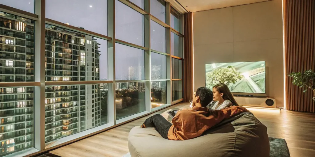 Couple sitting on a bean bag chair, enjoying the city skyline view from a modern apartment's floor-to-ceiling windows, with a large TV screen nearby.