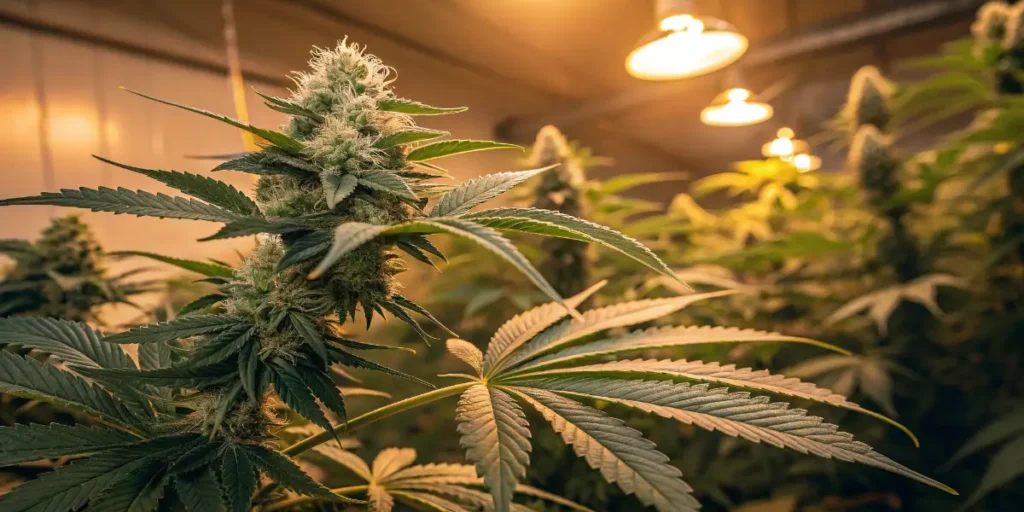 Close-up of Clementine cannabis plant with frosty trichomes and rich green leaves under bright grow lights.