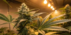 Clementine cannabis plant in full bloom under warm indoor lights, showing dense buds and healthy leaves.