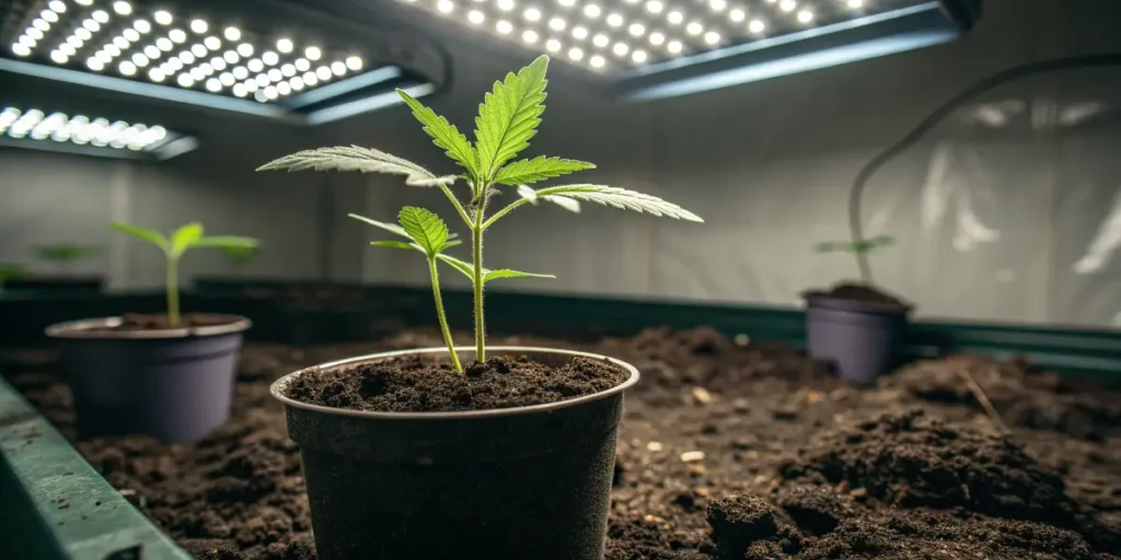 Clementine cannabis seedling growing in a small pot with rich soil under LED grow lights.