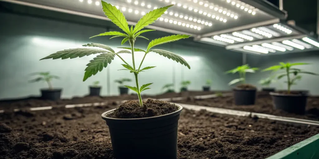 Clementine cannabis seedling in a pot thriving under LED lights in an indoor cultivation setup.