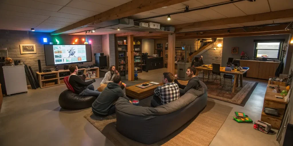 Group of adults relaxing and socializing in a cozy basement lounge with video games and cannabis-related media on the screen.