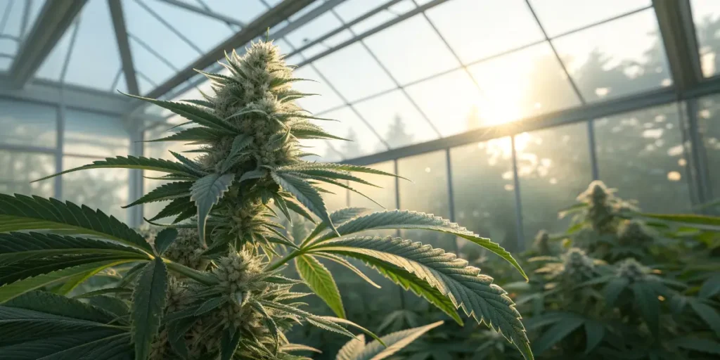 Close-up of a mature cannabis plant growing inside a greenhouse with sunlight in the background – Clever Children and Cannabis