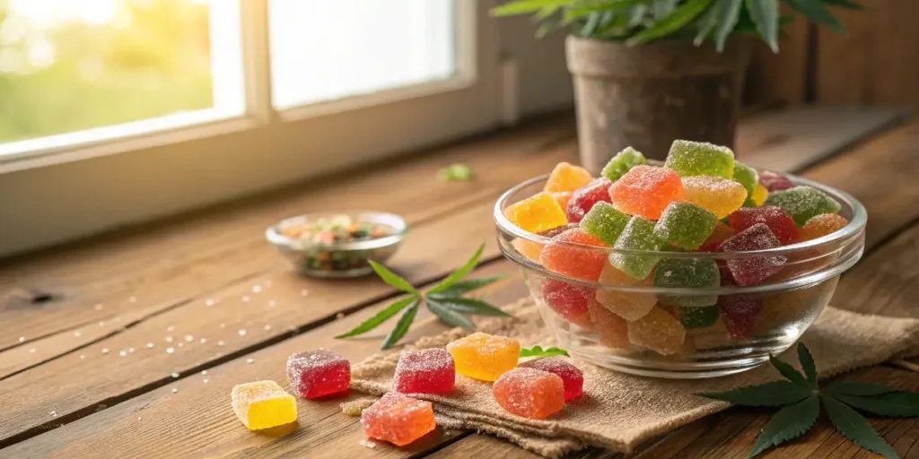 Colorful CBD gummies in a glass bowl on a rustic wooden table near a sunny window.