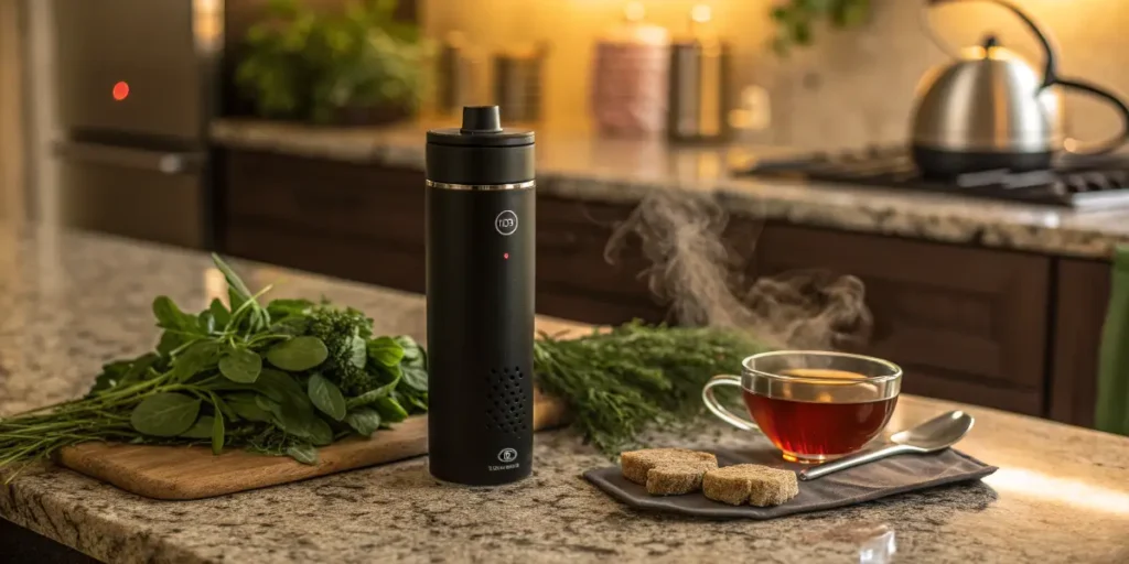 Black conduction vaporizer placed on a kitchen countertop beside fresh herbs and a steaming cup of tea.