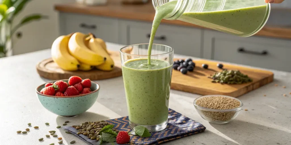 green superfood smoothie being poured into a glass with bananas, berries, and seeds on the table