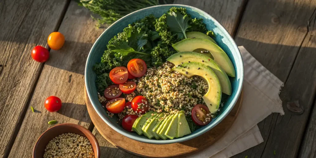 colorful superfood bowl with kale, avocado, cherry tomatoes, and hemp seeds on a rustic wooden table