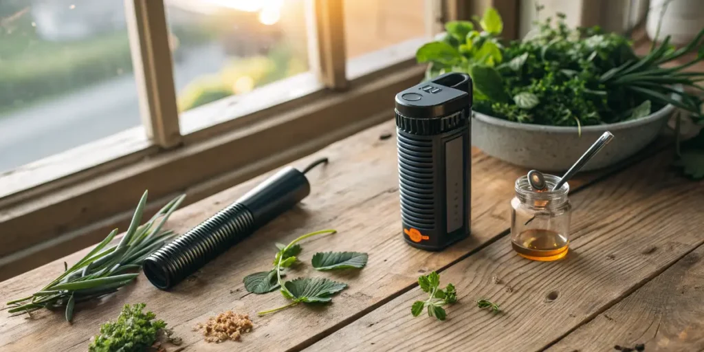 Storz & Bickel Vaporizers on a wooden table with herbs and a jar of honey