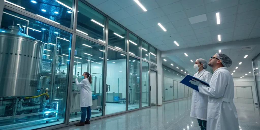 Technicians inspecting industrial cryogenic cannabis extraction equipment inside a modern laboratory.