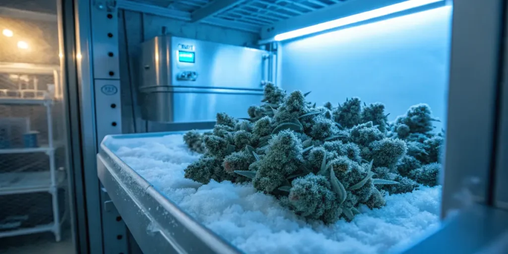 Frozen cannabis buds stored inside a cryogenic chamber covered in ice crystals.