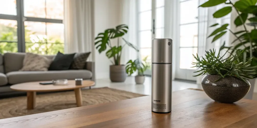 sleek metallic DaVinci IQ3 vaporiser standing upright on a wooden table in a modern living room