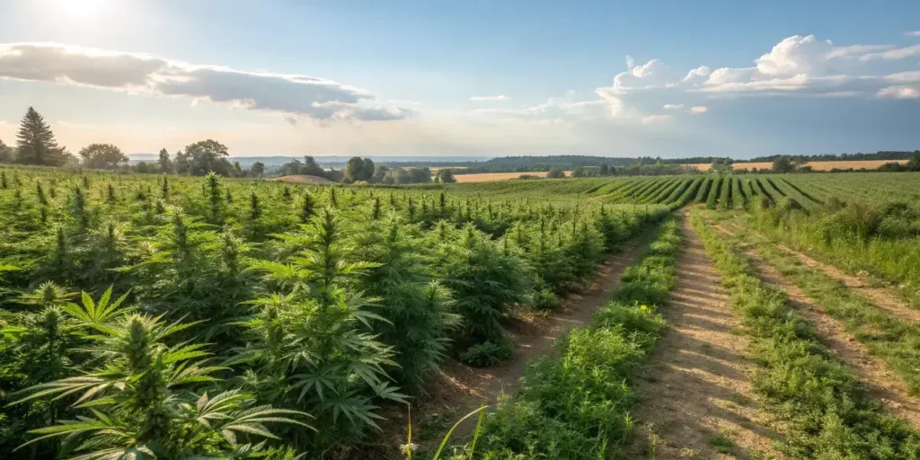 A wide cannabis plantation under a bright sunny sky with rows of healthy plants.