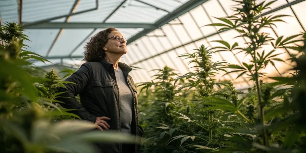 Tammy Pettigrew standing inside a cannabis greenhouse observing tall plants.