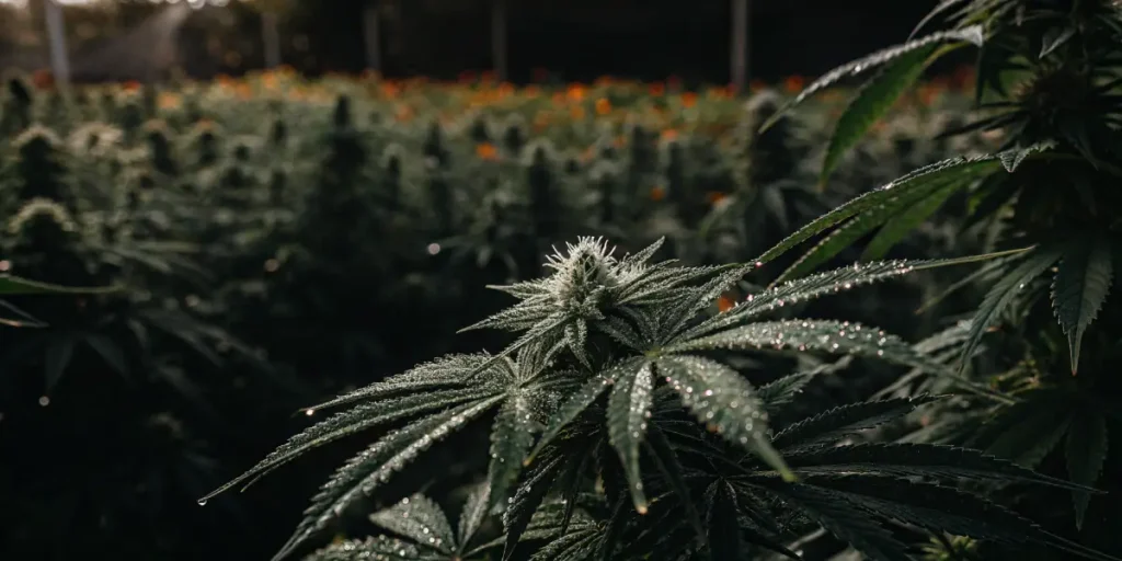 Close-up of an autoflowering cannabis plant with dense, dewy buds and leaves, with blurred orange flowers in the background.