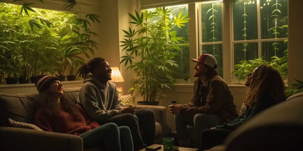 Group of friends sitting in a living room with Disjointed surrounded by tall cannabis plants near the windows at night