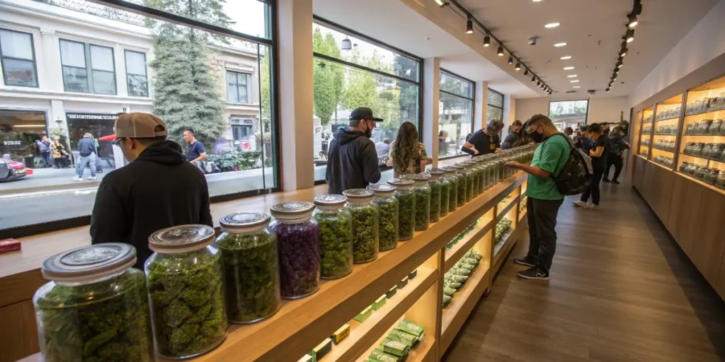 Customers browsing jars of cannabis buds inside a modern, well-lit dispensary with large windows facing the street.