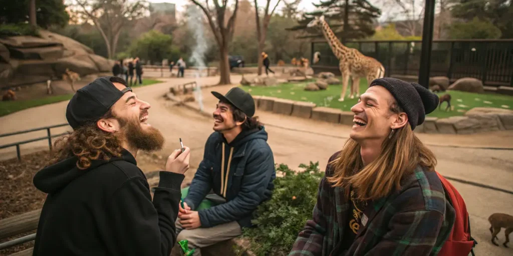Do Animals Get High ? Group of young friends laughing and smoking cannabis while sitting together at a zoo.