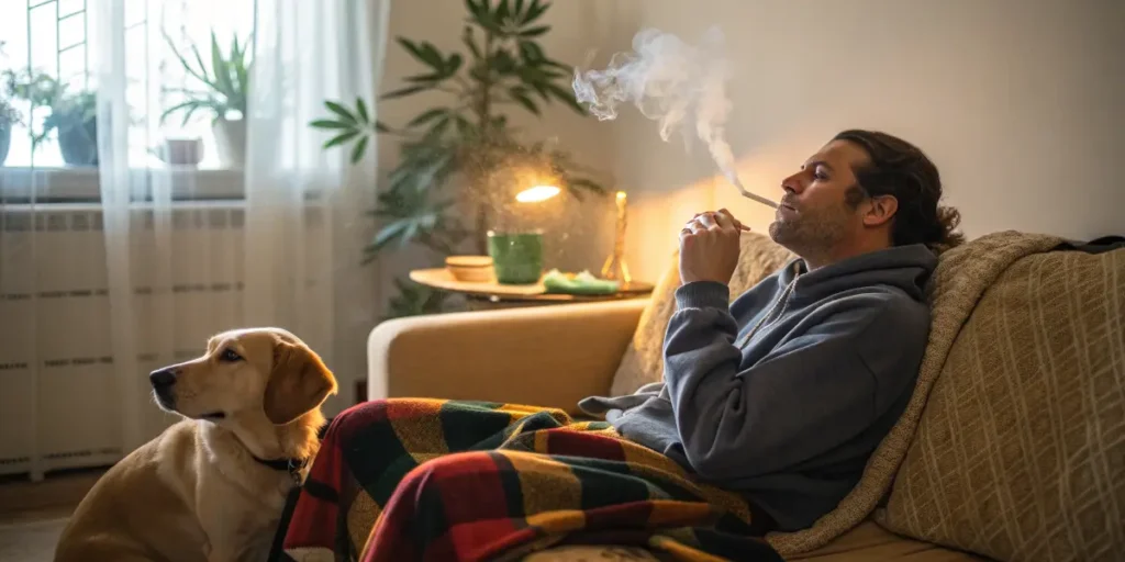 Man Smoking Cannabis Indoors with Dog. Do Animals Get High