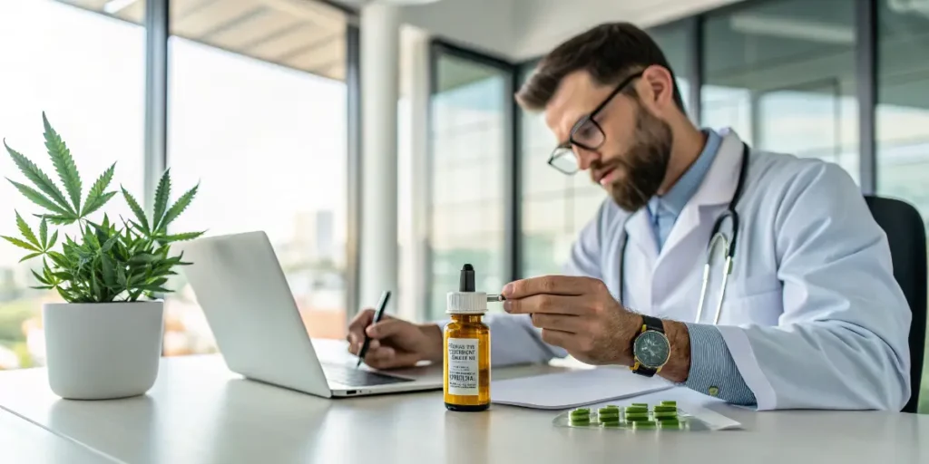 Male doctor examining a medical cannabis tincture bottle at his desk.