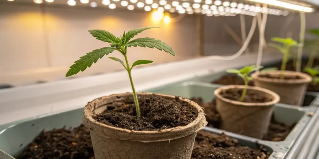 Kabrales Auto seedlings sprouting in small indoor pots under uniform LED lighting
