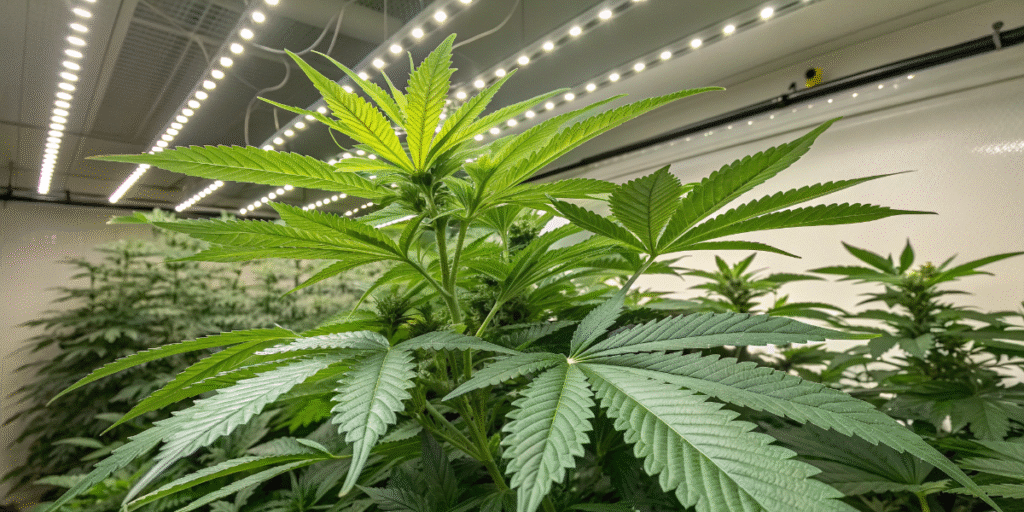 Grizzly Purple Kush plant thriving under LED grow lights with vibrant green leaves.