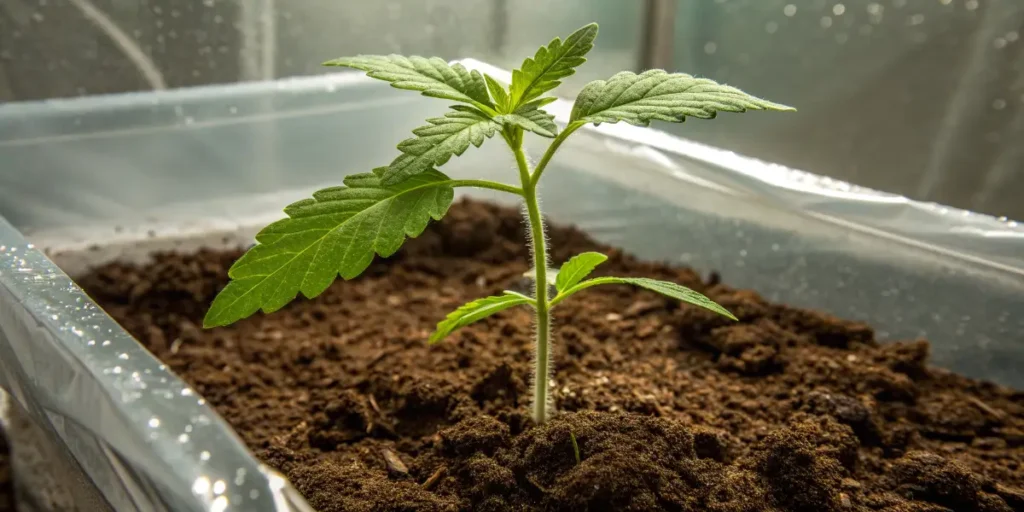 Newly sprouted Khalifa Kush cannabis plant growing in indoor soil container