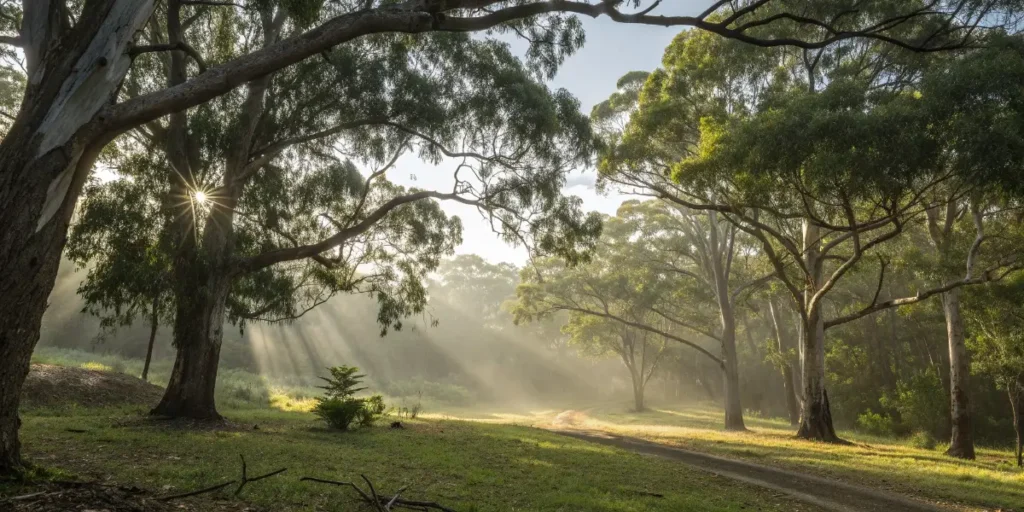 Sunlight shining through eucalyptus trees in a misty forest rich in cineol