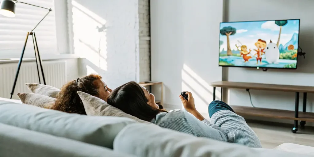 Two friends laughing while relaxing on a couch and watching an animated show on a TV, in a cozy living room.