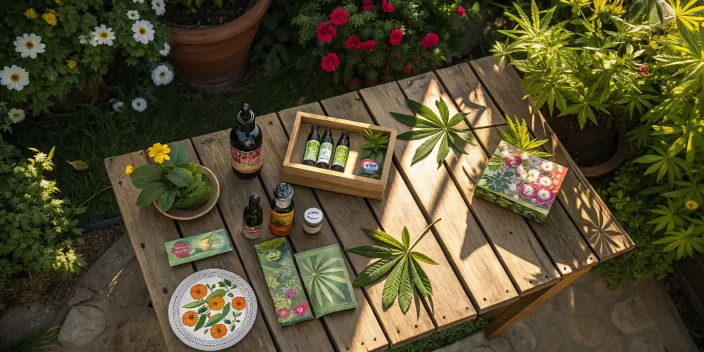 Cannabis Prices Around the World shown through assorted cannabis products arranged on a wooden garden table.