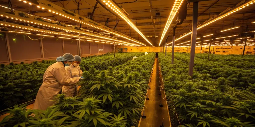 Technicians examining dense cannabis crops under bright LED lighting within the global cannabis industry.