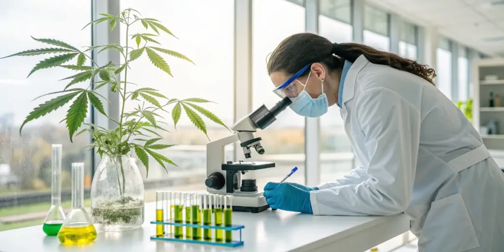 Scientist analyzing samples under a microscope beside cannabis plants, highlighting innovation in the global cannabis industry.