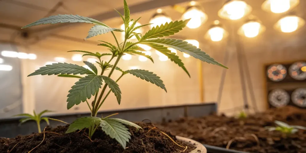 Early Gorilla Cookies FF plant developing strong leaves under bright indoor grow lamps in a soil-filled tray.