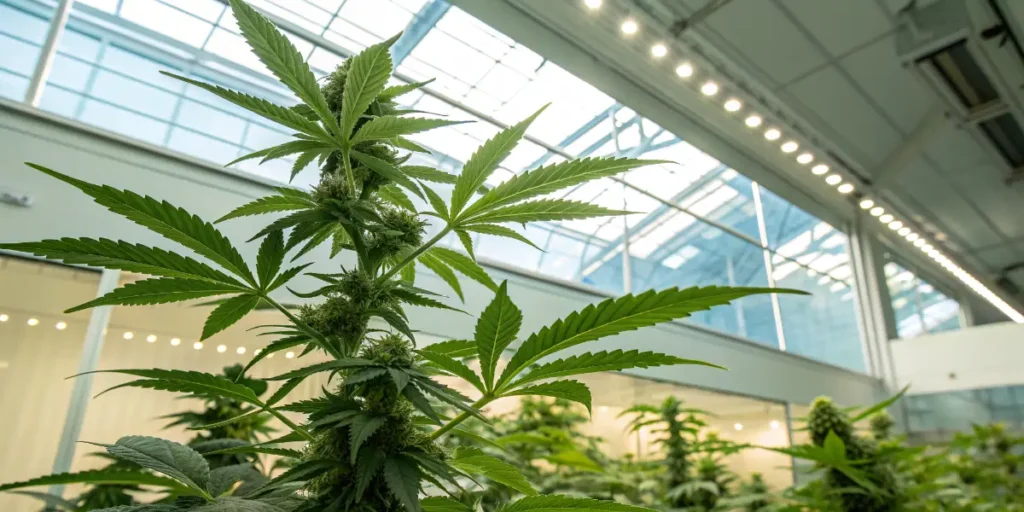 Tall Gorilla Cookies FF plant in a bright greenhouse with dense buds and wide green leaves under LED lighting.