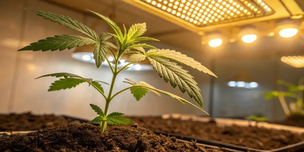 Young Gorilla Cookies FF seedling under warm grow lights with fresh green leaves emerging from rich soil.