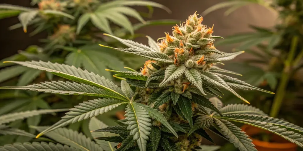 Dense Gorilla cola covered in orange pistils under indoor grow lighting.