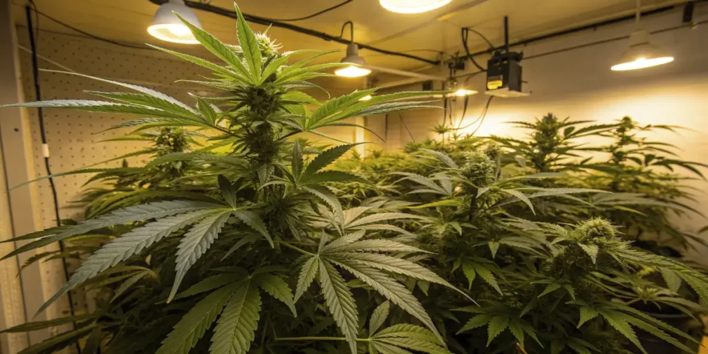 Healthy Gorilla plants forming a dense indoor canopy under warm grow lights.