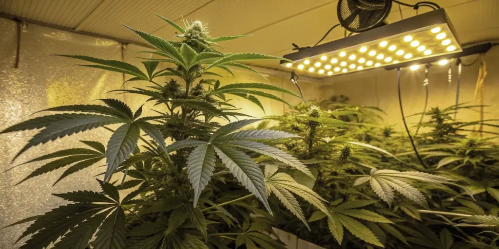 Tall Gorilla plant growing vigorously beneath a bright LED grow panel.