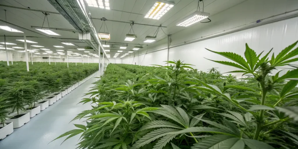 Grape Sromper thriving under indoor ventilation ducts with tall flowering plants across the canopy.