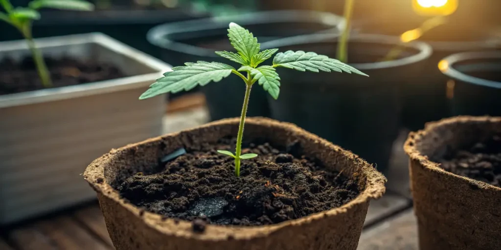 Grape Sromper sprout growing in a biodegradable pot with rich soil and gentle warm lighting.