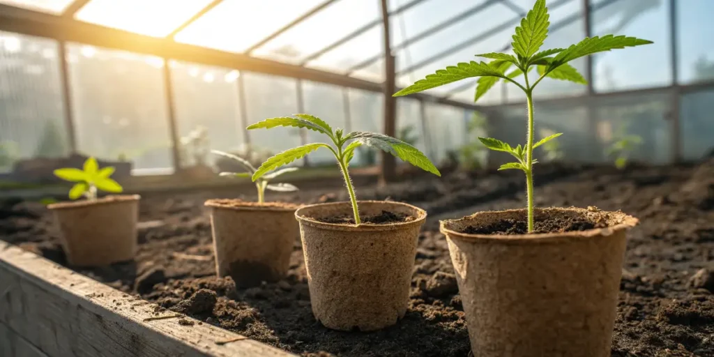 cannabis seedlings growing in small pots inside a sunlit greenhouse