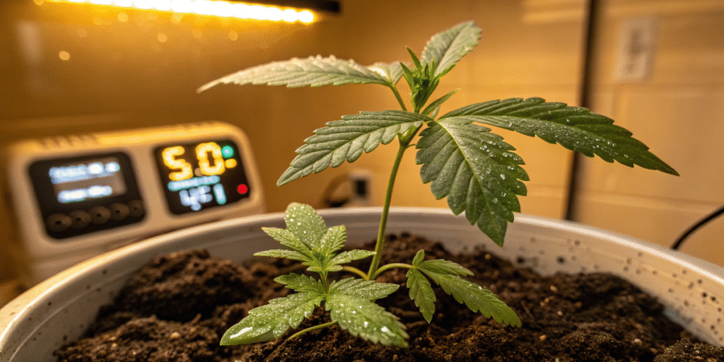 Young Grizzly Purple Kush seedling in moist soil with digital grow monitor in the background.