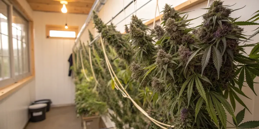 Indoor grown GSC plant with heavily frosted buds and vibrant pistils under warm LED lighting