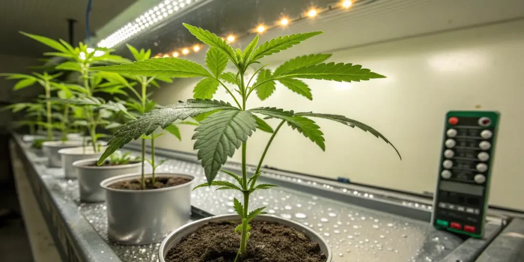 Grow Guanabana seedling growing in pots beneath LED strips inside an indoor garden.