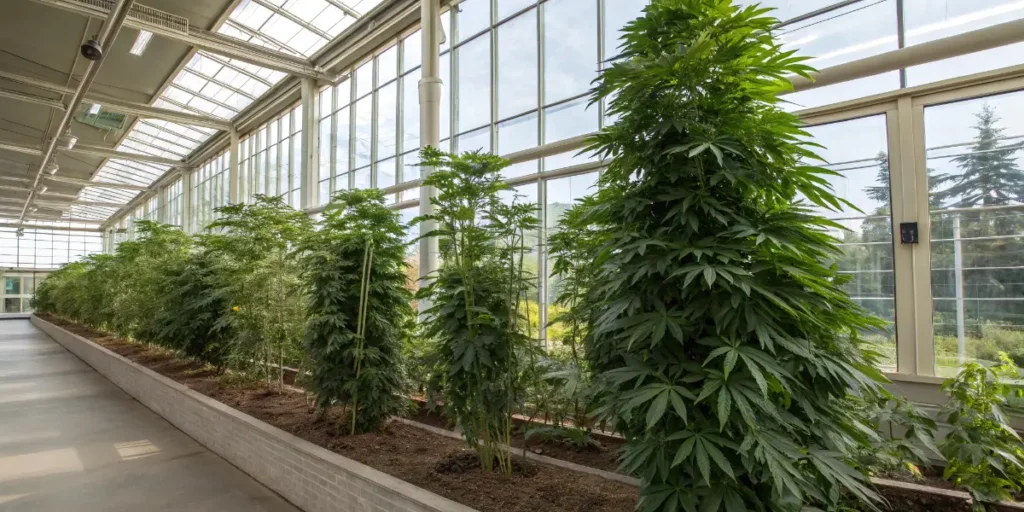 Lush Grow Guanabana plants in a bright greenhouse arranged in long soil beds.